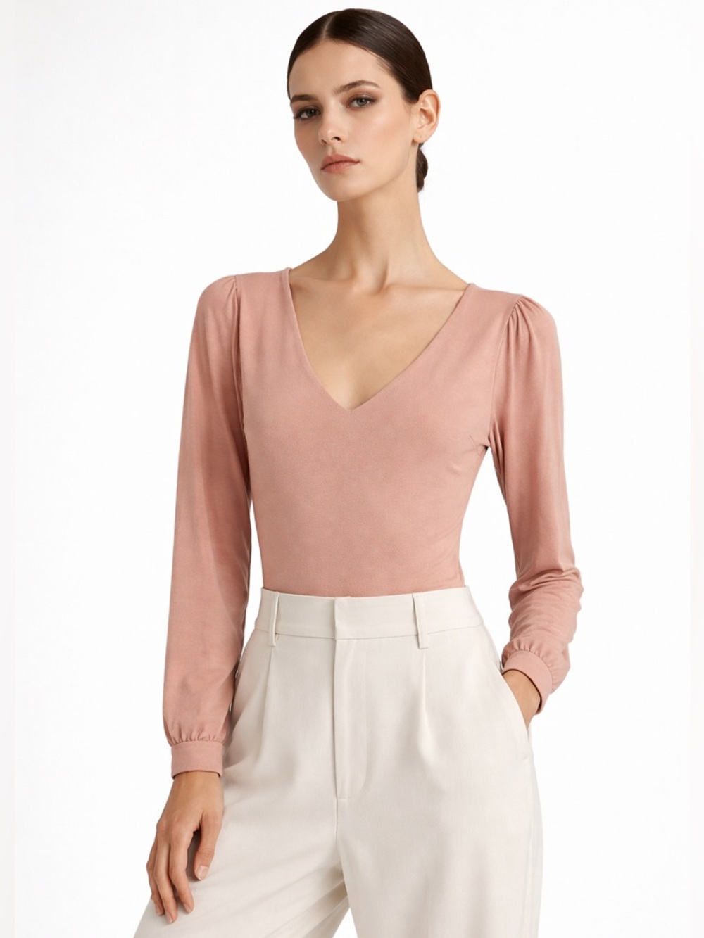 Lulus Blush Minimalist V-Neck Bodysuit Soft Stretch Long Sleeve Size S